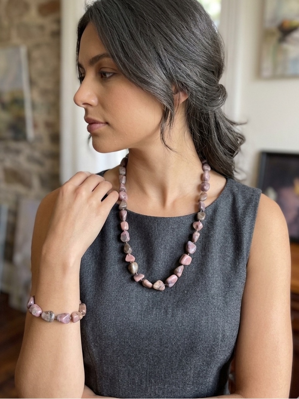 Pink Rhodonite Stone Necklace and Bracelet Set